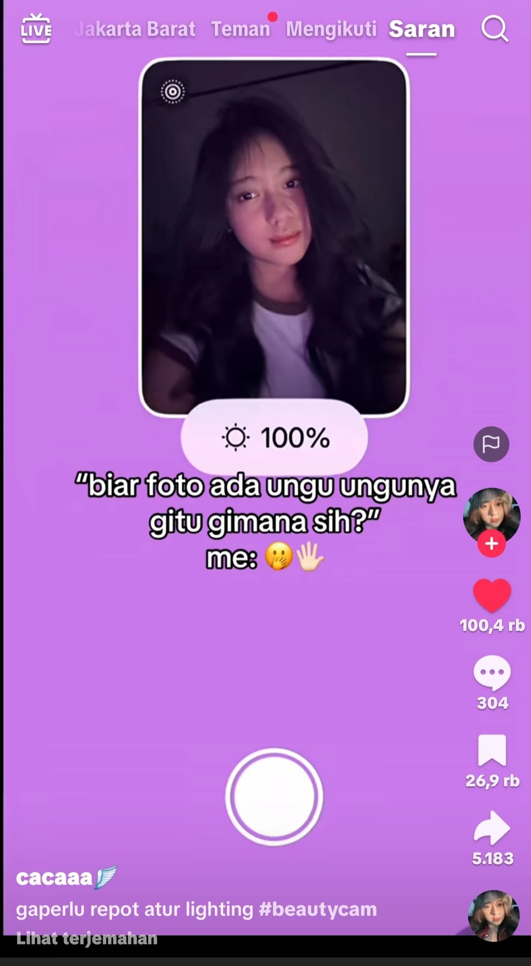 Video TikTok campaign BeautyCam dengan filter ungu, 100,4 ribu likes dan 26,9 ribu saves