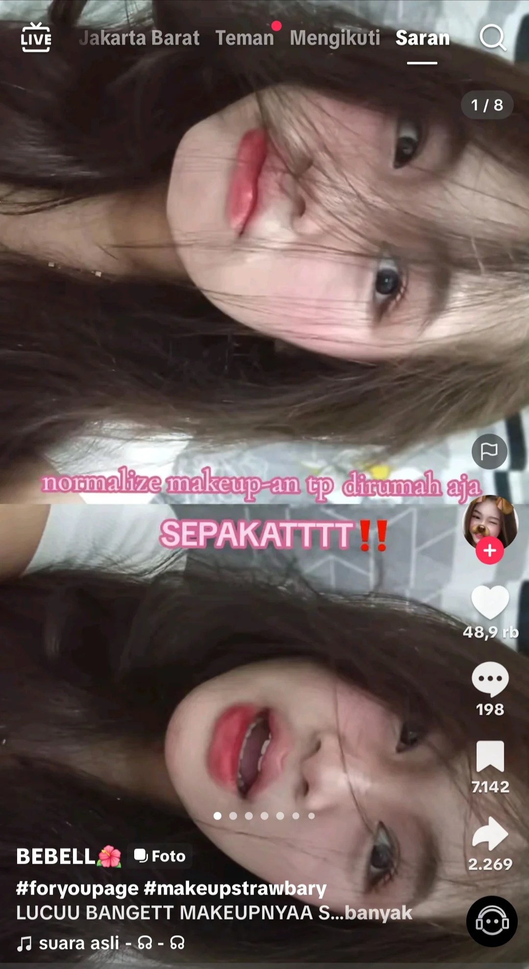 Video TikTok konten makeup di rumah, 48,9 ribu likes dan 7,1 ribu saves