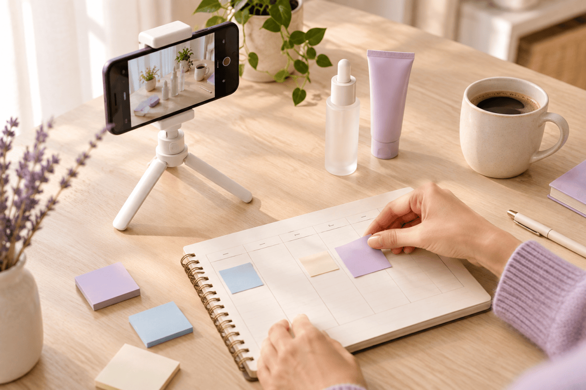 Meja studio konten minimalis dengan ponsel di tripod, buku catatan jadwal mingguan, dan produk beauty siap direkam untuk Content Lab Paradise Creative