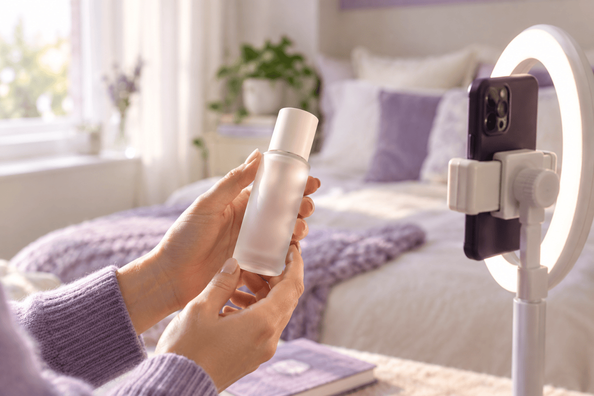 Tangan creator memegang botol skincare di depan ponsel yang terpasang di ring light, merekam video review produk untuk Creator Seeding Paradise Creative