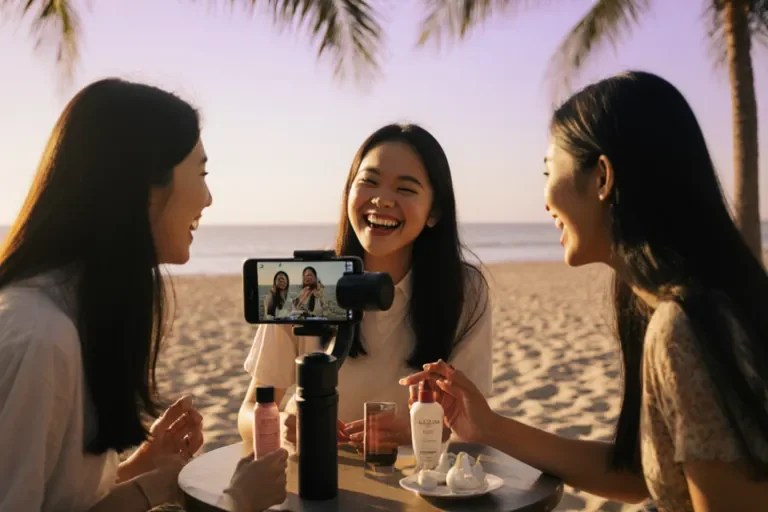 Tiga kreator Paradise Creative merekam konten bersama di lokasi syuting