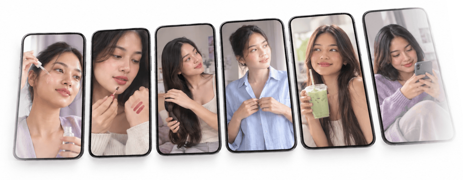 Enam layar ponsel tersusun naik menampilkan konten creator Paradise Creative: skincare, lip swatch, hair care, fashion, minuman, dan lifestyle